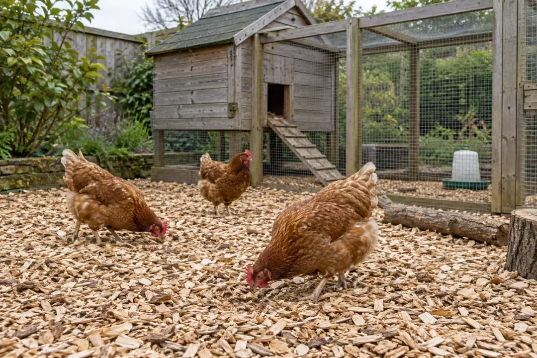 Chicken run floored with wood chip from a bulk bag in Preston